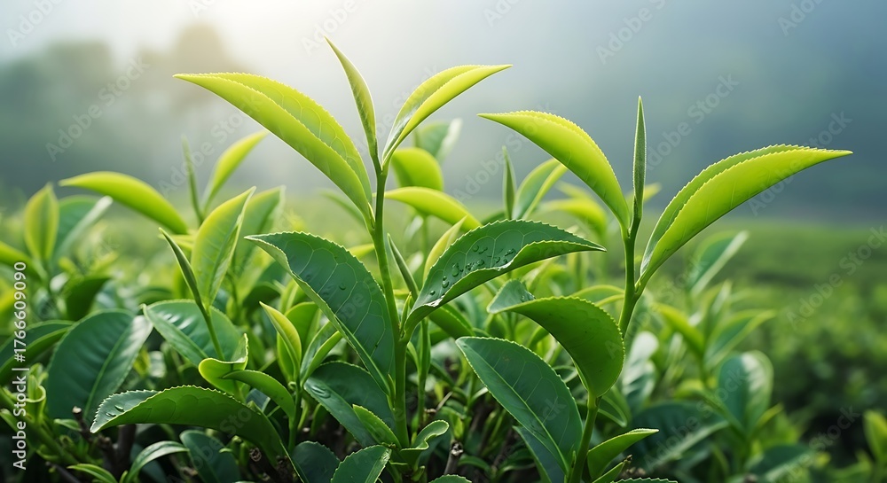 Obraz premium Bright Close-up Fresh Green Tea Leaf Plantation in The Morning Light
