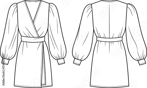 Wrap dress technical sketch, front and back view, voluminous sleeve design, V-neckline, waist tie, fashion template, vector garment drawing, stylish silhouette