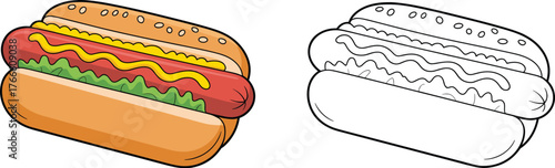 Hot dog illustration, fast food drawing, sandwich artwork, culinary snack, ketchup mustard, sesame bun, coloring page, lifestyle food, vector, design
