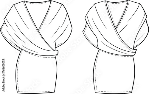 Wrap dress technical sketch, front and back view, wide sleeve design, fitted skirt, shawl bodice, fashion template, vector garment drawing