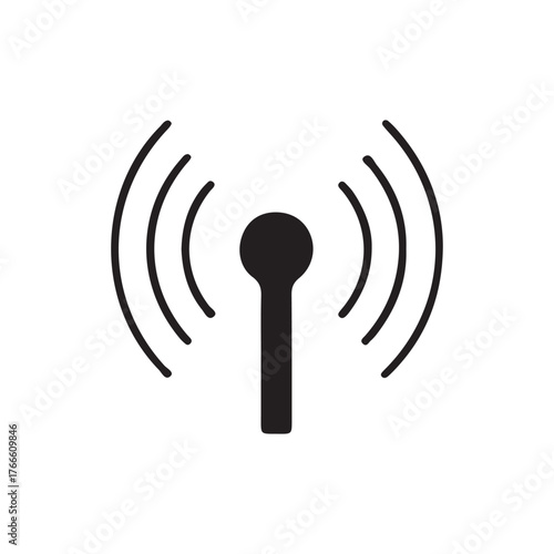 A simple black and white illustration of a wireless communication tower emitting signal waves.