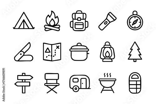 Camping and Outdoors Line Icons Set Vector - Hiking, Adventure, Travel and Camp Gear Symbols