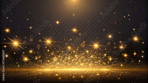 Golden glittering particles and light streaks on a dark background