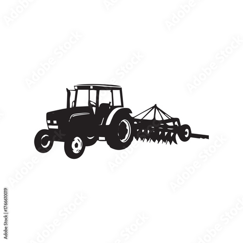 Silhouette of a tractor with a harrow attachment, viewed from the side, depicted in black against a white background.