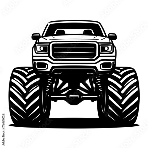 Black and white vector artwork of a monster truck front view with massive tires and bold grille design