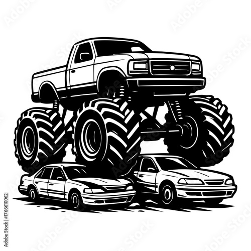 Detailed black and white vector art of a monster truck crushing cars beneath its massive tires