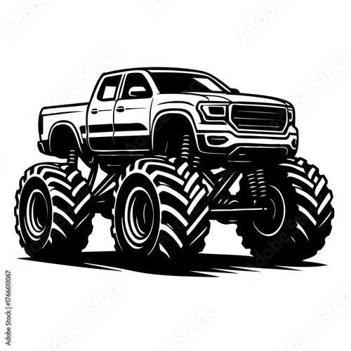 Stylized monochrome vector design of a modern monster truck with lifted chassis and visible shocks