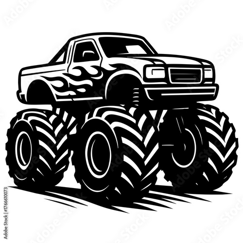 Stylized black and white vector of a monster truck with flame decals and exaggerated proportions