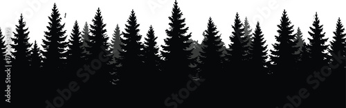 Forest silhouette, pine tree landscape, conifer woods, nature background, black trees, wilderness scene, evergreen forest, vector illustration, outdoor design, minimal art