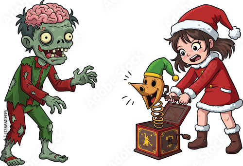 Funny Christmas zombie and girl in Santa costume playing with creepy jack-in-the-box toy, cute cartoon horror holiday vector illustration.