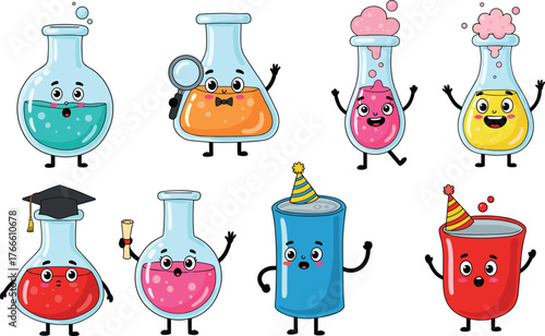 Cartoon laboratory glassware characters, funny science beakers, cute chemistry flasks, educational test tubes, colorful liquids, anthropomorphic lab equipment,