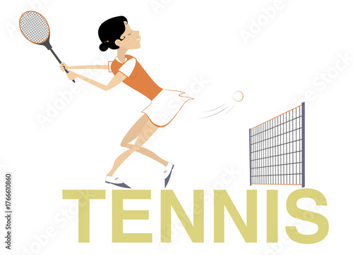 Tennis word. Young woman playing tennis.
Word tennis combine with young woman playing tennis. Tennis net.
