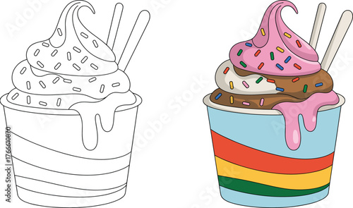 Ice cream cup illustration, soft serve dessert drawing, sweet food artwork, summer treat, coloring page, vector design, lifestyle, culinary, snack