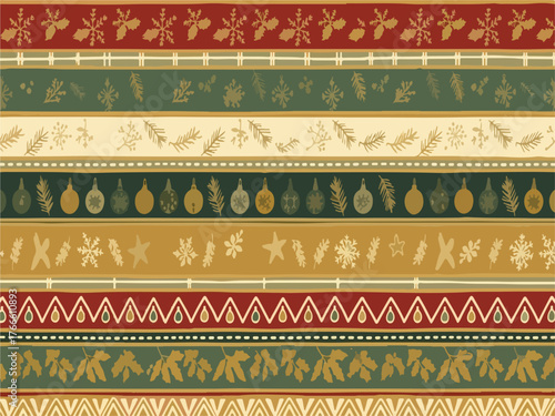 Traditional Christmas seamless pattern with decorative horizontal border bands and festive holiday motifs