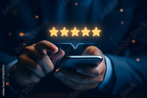Customer giving a five star rating on a smartphone screen