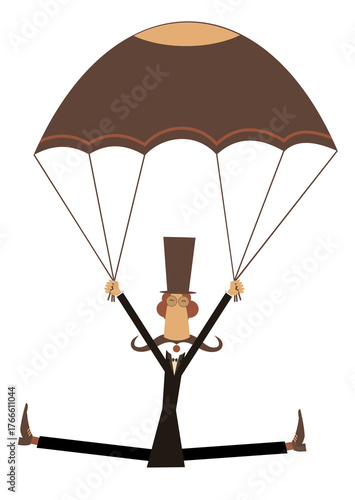 Funny skydiver man in the top hat. 
Skydiver man in the top hat derives enjoyment from jumping. Isolated on white background
