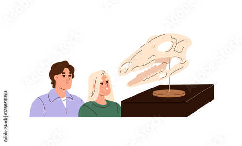 Visitors of paleontology museum look at skull of dinosaur. Remains of extinct dino, skeleton of head. People are on exposition with ancient fossils, exhibit. Flat isolated vector illustration on white