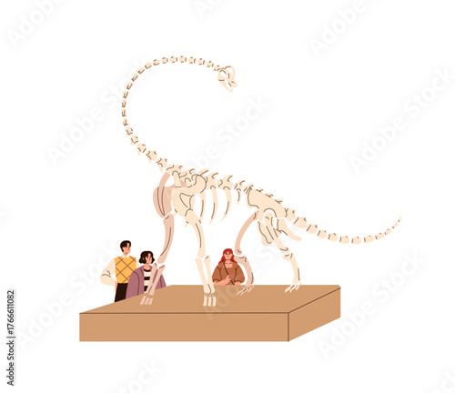 People look at remains of extinct Diplodocus, exhibit of exposition. Visitors are near skeleton of dinosaur, ancient fossils of dino in paleontology museum. Flat isolated vector illustration on white