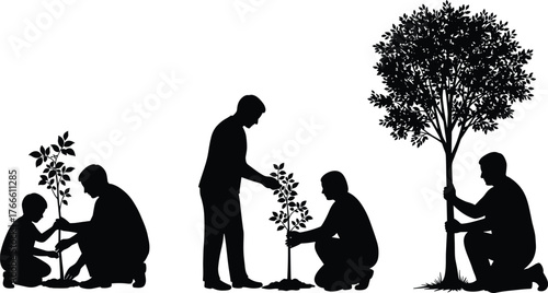 Silhouette people planting tree, child and adult growing sapling, nurturing young plant, environmental care, forest conservation, ecology growth, sustainability,