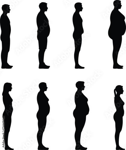 Silhouette, human body shape, male female profile, weight progression, BMI illustration, obesity concept, health education, fitness comparison, anatomy outline,