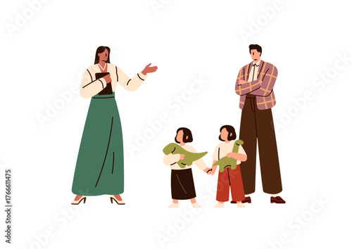 Father and kids with dinos are listening to excursion. Guide talks, tells about museum to family of visitors. Little sisters hold dinosaur toys in hands. Flat isolated vector illustration on white