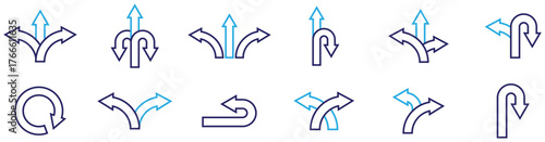 Three way direction arrow sign vector illustration — road path and decision concept icon	
