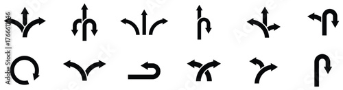 Three way direction arrow sign vector illustration — road path and decision concept icon	