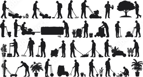 Lawn care silhouettes, gardening workers, landscaping tools, mowing grass, trimming bushes, planting trees, watering plants, outdoor maintenance,