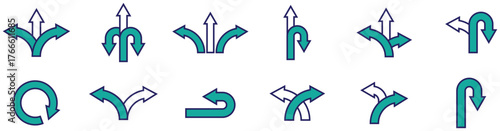 Three way direction arrow sign vector illustration — road path and decision concept icon	