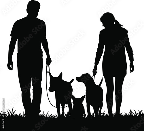 Silhouette people walking dogs, pet owners with leashes, outdoor activity on grass, companionship with animals, dog walking lifestyle, family exercise, canine training, peaceful scene