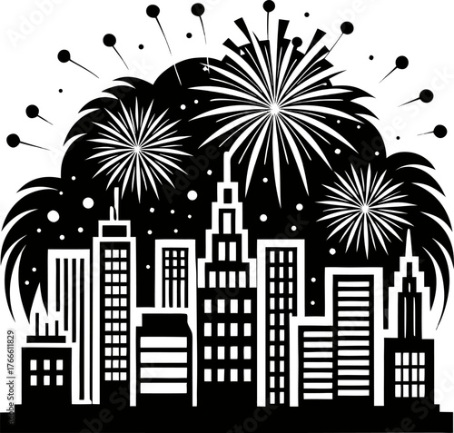 Fireworks over a city skyline at night  vector black , white background