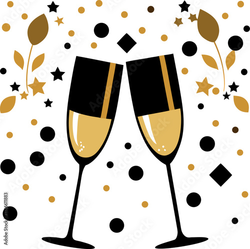 Gold and black celebration background with champagne glasses , white background 