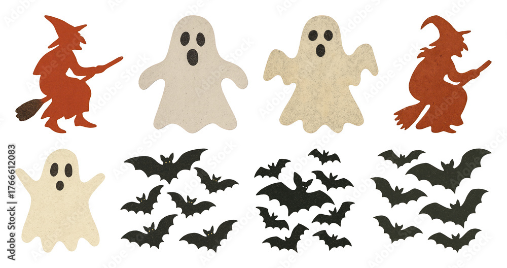 Obraz premium PNG Vintage Halloween ghost witch bats, element set on transparent background