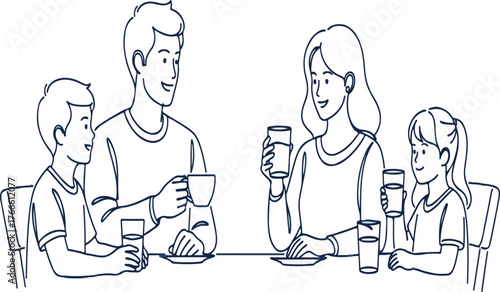 Happy family sitting at table drinking beverages and talking, line art vector illustration