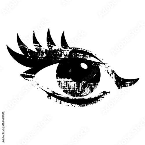 Human eye gazes intently with distressed texture for beauty concepts