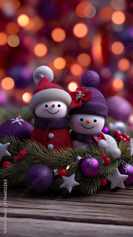 Obraz premium Zwei Schneemänner mit Weihnachtsdekoration und warmem Bokeh-Hintergrund