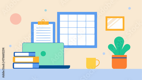 A bright and airy workspace features a laptop beside a thoughtfully organized planner with inspirational quotes adorning the wall.