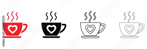 Coffee cup with steam vector icon set, hot coffee cup steam rising vector, silhouette and line art
