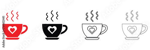 Coffee cup with steam vector icon set, hot coffee cup steam rising vector, silhouette and line art