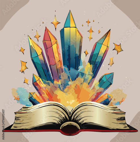 Open book with colorful crystals and stars erupting from pages Keywords: book, open book, crystals, gems, magic, fantasy, stars, sparkles, light