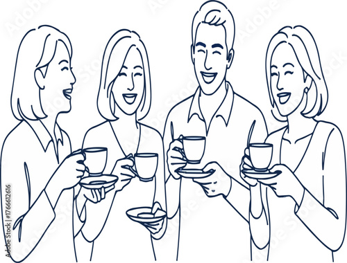 Line Art Vector Illustration of Happy Diverse People Laughing and Drinking Coffee Together