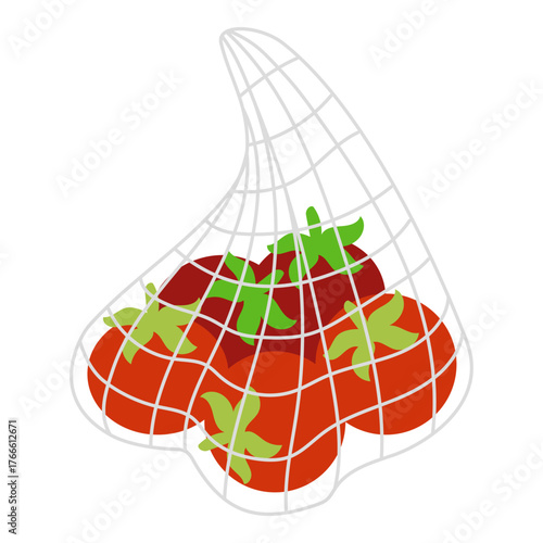 Eco friendly reusable net bag full of red tomatoes. Vector illustration in flat style isolated on white background.  Promotes zero waste, sustainable lifestyle, and healthy food.