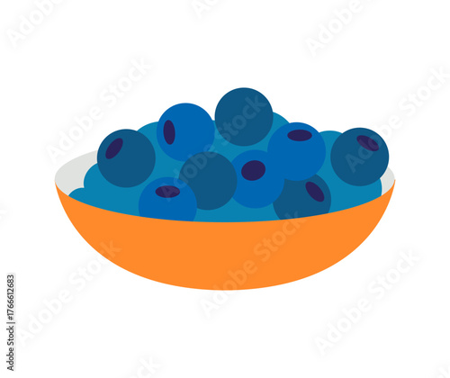 Vector illustration of bowl full of blueberries. Flat style image isolated on white background. Sweet and colorful fruit design