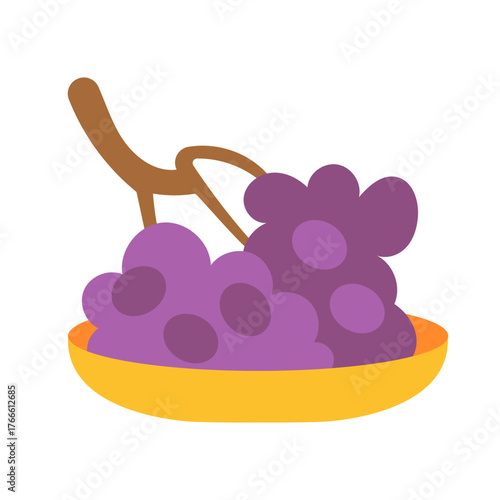 Vector illustration of purple grapes in a bowl. Flat style image isolated on white background. Cute fruit composition.