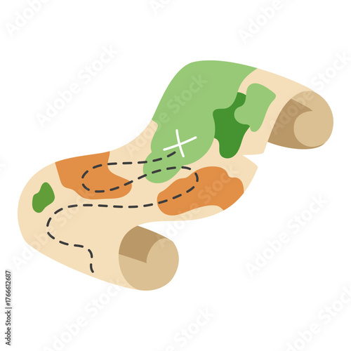 Old pirate map with path to treasure. Vector illustration of treasure map isolated on white background. Cute flat style adventure element.