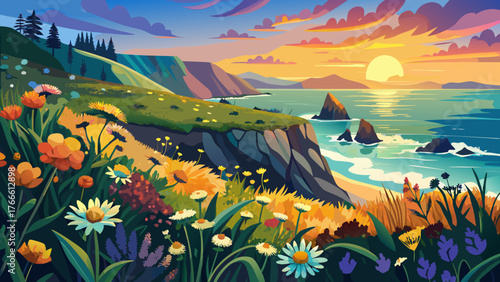 Very beautiful, wild flowers and California coastline in Big Sur at sunset, vibrant blooms, rugged cliffs, crashing waves, golden sky, serene ocean view, and breathtaking coastal landscape under warm 