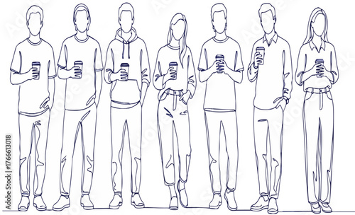Minimalist continuous line drawing vector of diverse young adults holding coffee cups on white background