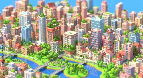 Voxel art rendering of a bustling city with sustainable architecture and vibrant colors
