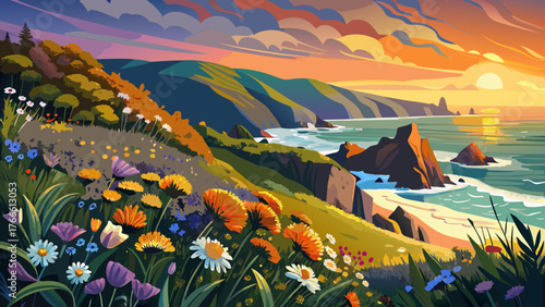 Very beautiful, wild flowers and California coastline in Big Sur at sunset, vibrant blooms, rugged cliffs, crashing waves, golden sky, serene ocean view, and breathtaking coastal landscape under warm 