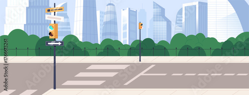 Cityscape with empty road, sidewalks and traffic light. City crossroad with crosswalk for pedestrians. Panorama of crossing roadway, overpass, urban zebra and skyscrapers. Flat vector illustration